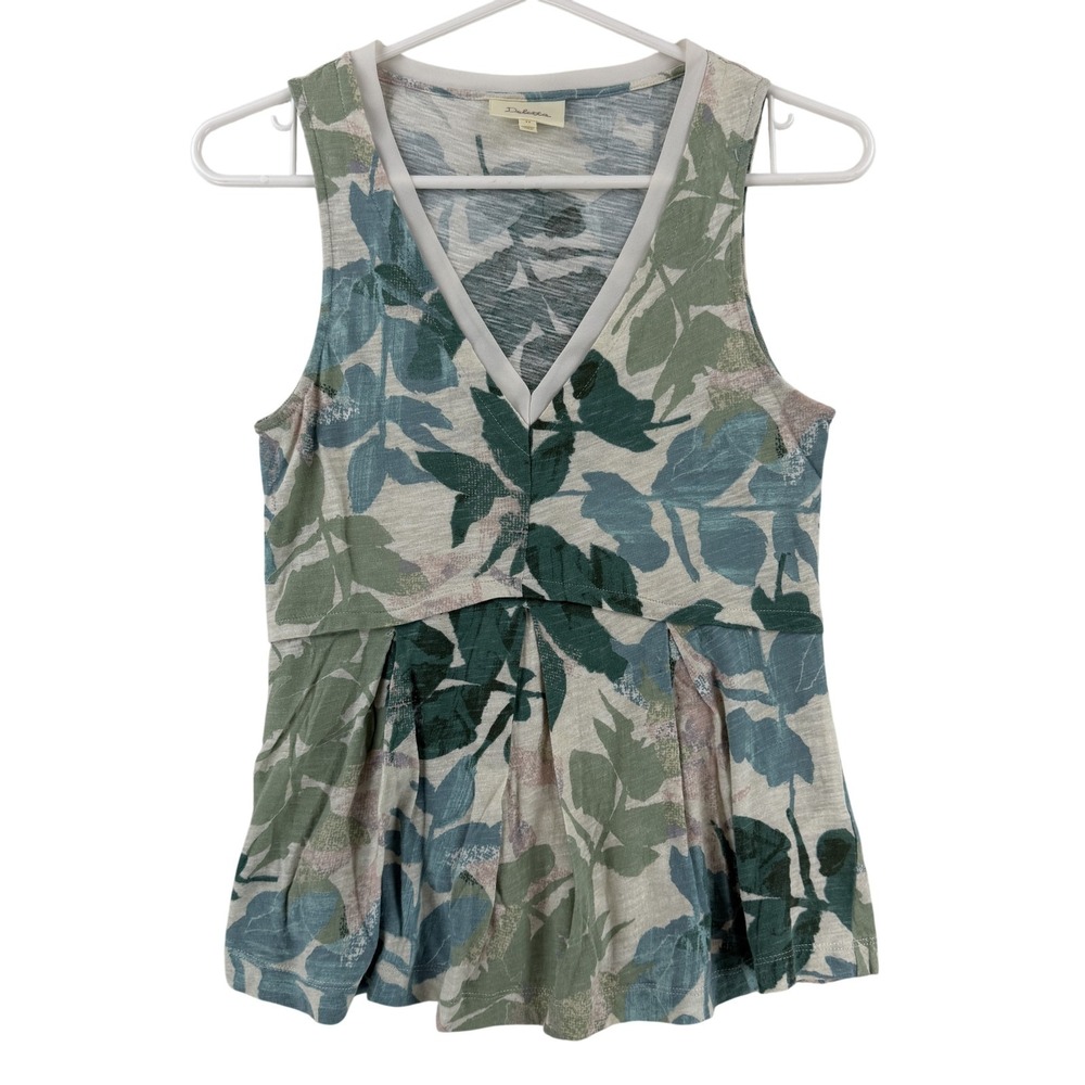 Anthropologie Deletta Tank Top‎ Womens XS Green Floral V Neck Pleated Peplum